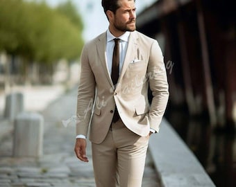 Traje de dos piezas para hombre: Beige, corte ajustado (Boda, Novio, Graduación)