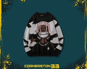 Knitted Cartoon Hip-Hop Character Print Sweater, Loose-fit Harajuku Sweater, Crewneck Sweater, Black Knitt Sweater, Pullover Sweater