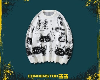 Gestrickter Pullover mit Tropfenschulter Katzenmuster, Space Cat Print Swaeter, Animal Print Pullover, niedlicher Streetwear-Pullover, gemütliche Winterkleidung