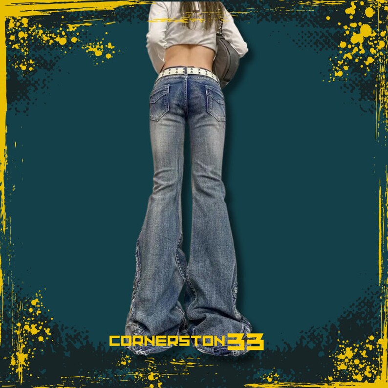 Y2K Jeans, Washed Bell Bottom Jeans, Black Jeans, Blue Jeans, Zip-Up Jeans, Mid Waist Jenas, Regular Fit Bell Bottom Denim Pants image 2