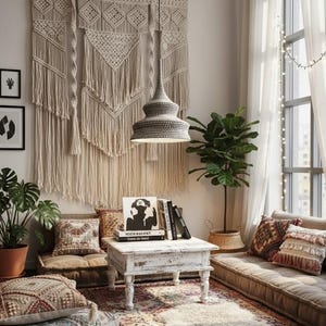 May include: A cozy living room with a bohemian aesthetic. Features a large macrame wall hanging, a woven pendant light, and patterned pillows on a low seating area. A patterned rug and potted plants add warmth.