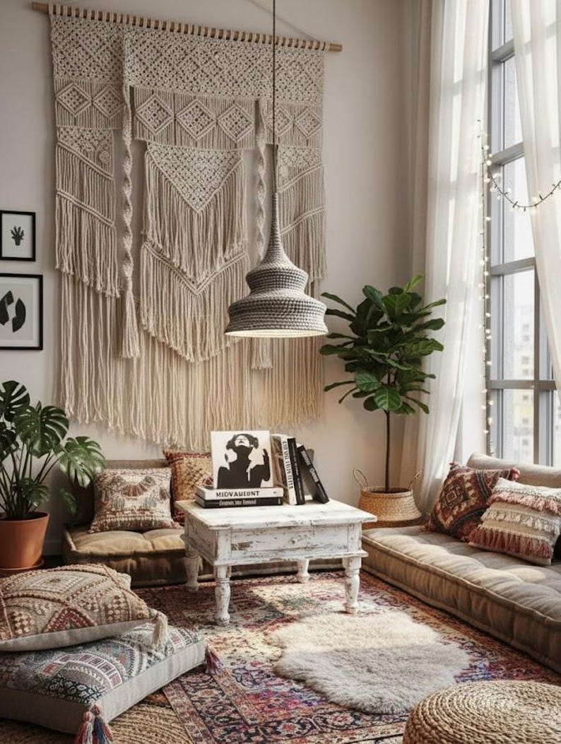 May include: A cozy living room with a bohemian aesthetic. Features a large macrame wall hanging, a woven pendant light, and patterned pillows on a low seating area. A patterned rug and potted plants add warmth.