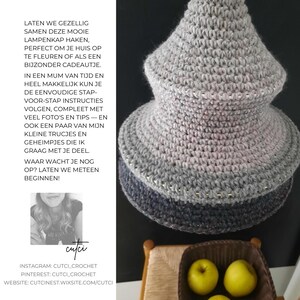 May include: Crocheted lampshade in shades of gray, stacked. The lampshade has a conical shape with a wide brim. The text in the image says, "Let's crochet this beautiful lampshade together."