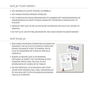 May include: A white background with text in Dutch, including bullet points about crochet techniques and what to expect. Two printed pages with images and text are also visible, showcasing a crochet pattern and instructions.