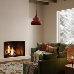 May include: A cozy living room scene featuring a green sectional sofa with throw pillows and blankets. A fireplace with a burning fire is on the left. A red pendant light hangs from the ceiling, and a window offers a view of a snowy landscape.