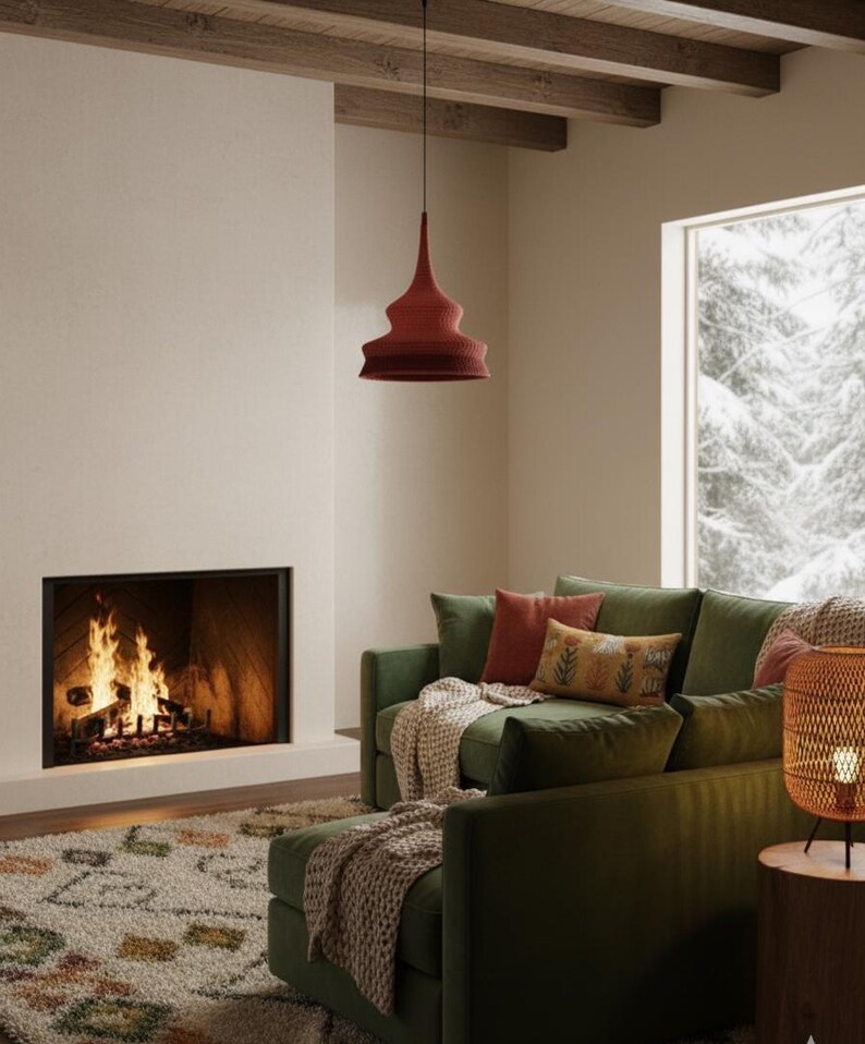 May include: A cozy living room scene featuring a green sectional sofa with throw pillows and blankets. A fireplace with a burning fire is on the left. A red pendant light hangs from the ceiling, and a window offers a view of a snowy landscape.
