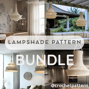 Pode incluir: Um conjunto de imagens que mostram vários designs de abajures de crochê. Os abajures têm diferentes formas e tamanhos, com uma paleta de cores neutras. O texto "LAMPSHADE PATTERN BUNDLE" é exibido de forma proeminente. A imagem também inclui o texto "Digital PDF - ENGLISH ONLY" e o identificador do Instagram "@crochetpattern".