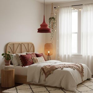 May include: A cozy bedroom scene featuring a bed with a rattan headboard, adorned with burgundy and cream-colored pillows and a patterned throw. A red pendant light hangs above the bed, complemented by a woven floor lamp and a patterned rug.