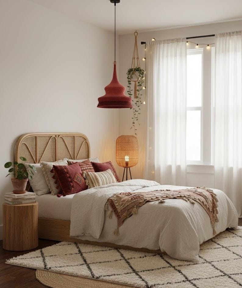 May include: A cozy bedroom scene featuring a bed with a rattan headboard, adorned with burgundy and cream-colored pillows and a patterned throw. A red pendant light hangs above the bed, complemented by a woven floor lamp and a patterned rug.