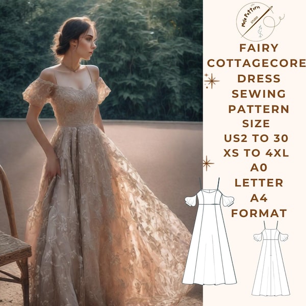 Fairy Cottagecore Maxi Dress Sewing Pattern ,range of size options US 2 to 30 and XS to 4XL,Suitable A0- A4-US Letter paper format