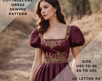 Vintage Cottagecore Maxi Dress Sewing Pattern , range of size options US 2 to 30 and XS to 4XL,Suitable A0- A4-US Letter paper format