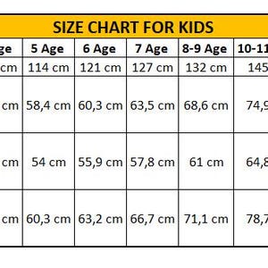 May include: A children's size chart displaying measurements in centimetres. It details age ranges from 2 to 16 years, alongside height, bust/chest, waist, and hip circumferences for each age group.