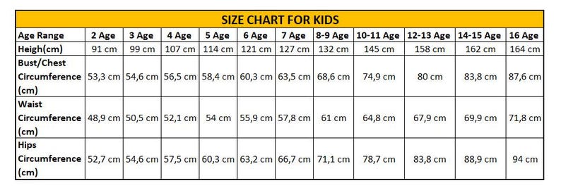 May include: A children's size chart displaying measurements in centimetres. It details age ranges from 2 to 16 years, alongside height, bust/chest, waist, and hip circumferences for each age group.