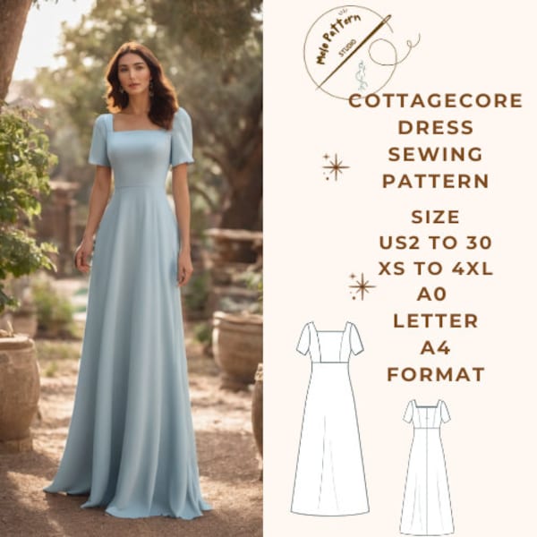 Fairy Cottagecore Maxi Dress Sewing Pattern , range of size options US 2 to 30 and XS to 4XL,Suitable A0- A4-US Letter paper format
