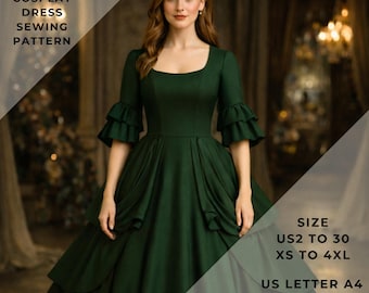 Victoriaanse cosplayjurk naaipatroon, renaissancefee, halloweenkostuum VS 2 tot 30 en XS tot 4XL, geschikt papierformaat A0-A4-US Letter