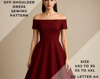 Prom Full Lenght Dress Sewing Pattern,Off-Shoulder Dress,Anniversary Dress,US 2 to 30 and XS to 4XL,Suitable A0-A4-US Letter paper format