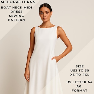 Op de afbeelding: Een mouwloze, witte midi-jurk met boothals. De jurk heeft een eenvoudig ontwerp met een zak en maakt deel uit van een naaipatroon. Tekst op de afbeelding luidt: MELOPATTERNS, BOAT NECK MIDI DRESS SEWING PATTERN, MAAT US2 TO 30, XS TO 4XL, US LETTER A4, A0 FORMAT.