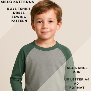 Puede incluir: Un niño lleva una camiseta raglán de manga larga gris y verde. La imagen incluye texto que dice "MELOPATTERNS", "BOYS TSHIRT DRESS SEWING PATTERN", "AGE RANGE 2-16" y "US LETTER A4 A0 FORMAT".