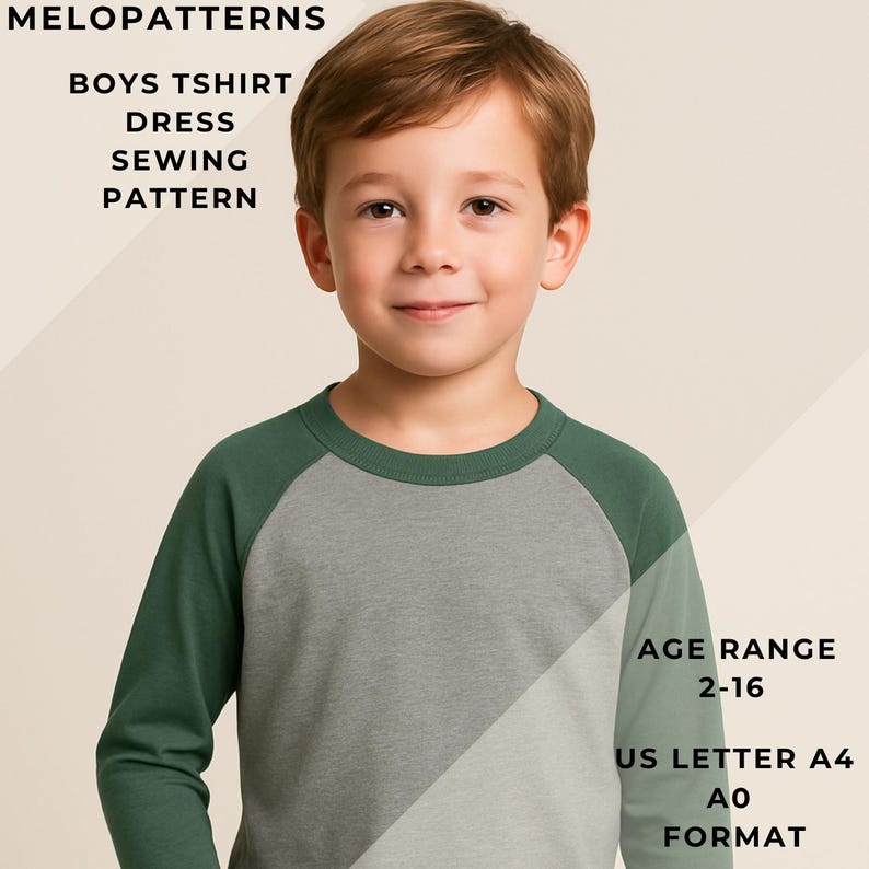 May include: A young boy in a grey and green raglan-sleeved top. Text on the image reads "MELOPATTERNS", "BOYS TSHIRT DRESS SEWING PATTERN", "AGE RANGE 2-16", and "US LETTER A4 A0 FORMAT".