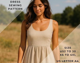 Linen Summer Dress Pattern,Cottagecore Dress ,Range of size options US2 to 30 and XS to 4XL,Suitable A0- A4-US Letter paper format