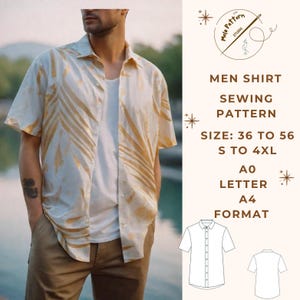 Puede incluir: Un patrón de costura para una camisa de hombre, con un rango de tallas de 36 a 56, en tallas S a 4XL. El patrón está disponible en formato A0 y A4. La imagen muestra un modelo con una camisa con un patrón dorado y blanco.