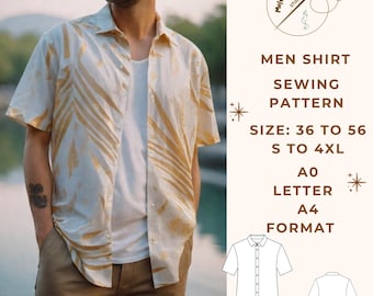 Tropical shirt sewing pattern, Men Shirt pdf sewing pattern,Button down,Men Size;36 to 56 // S to 4 XL // A0-A4-Letter paper size