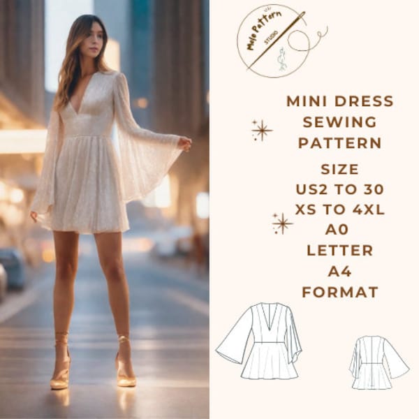 Mini V neck  Dress Sewing Pattern, Mini Dress, Ladies Size ( US2 to 30 )-EU(XS to 4XL)