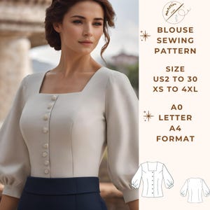 Cottagecore Blouse pattern, Squar neck blouse Size ( US2 to 30 )-EU(XS to 4XL)