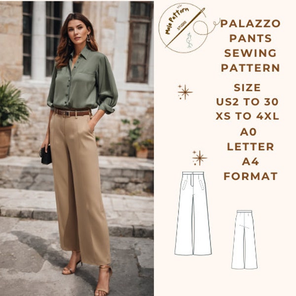 Palazzo Pants Pattern, Women Pants Sewing Pattern,Sewing Pattern PDF,US Sizes 2-30, Plus Size Pattern