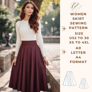 Puede incluir: Un patrón de costura para una falda en tallas US 2 a 30 y XS a 4XL. El patrón está disponible en formato A0, carta y A4. La imagen muestra a una mujer con una falda color burdeos y un suéter blanco.