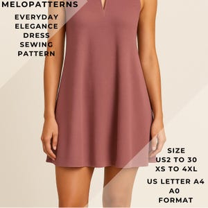 May include: A dusty rose-colored dress with a V-neckline. The dress is sleeveless and has a flared skirt. Text on the image reads "MELOPATTERNS EVERYDAY ELEGANCE DRESS SEWING PATTERN" and "SIZE US2 TO 30 XS TO 4XL US LETTER A4 A0 FORMAT".