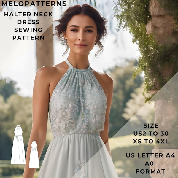 Halter Neck Dress Sewing Pattern,Prom Dress,Gathered Dress,Chiffon Dress,US 2 to 30 and XS to 4XL,Suitable A0- A4-US Letter paper format