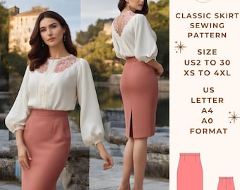 Patron de jupe classique, patron de couture de jupe, patron de couture PDF, tailles US 2-30 et TP-4XL, patron grande taille