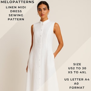 Op de afbeelding: Een witte mouwloze linnen midi-jurk met knoopsluiting en een opstaande kraag. De jurk heeft zakken. De afbeelding bevat tekst die luidt "MELOPATTERNS LINEN MIDI DRESS SEWING PATTERN" en "SIZE US2 TO 30 XS TO 4XL US LETTER A4 A0 FORMAT".