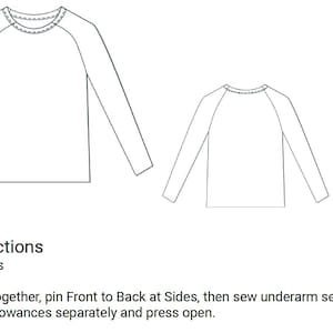 May include: A black and white line drawing of two long-sleeved shirts, one larger and one smaller, likely a sewing pattern. The text "Sewing Instructions" and "Sewing Side Seams" is below the drawings, along with sewing instructions.