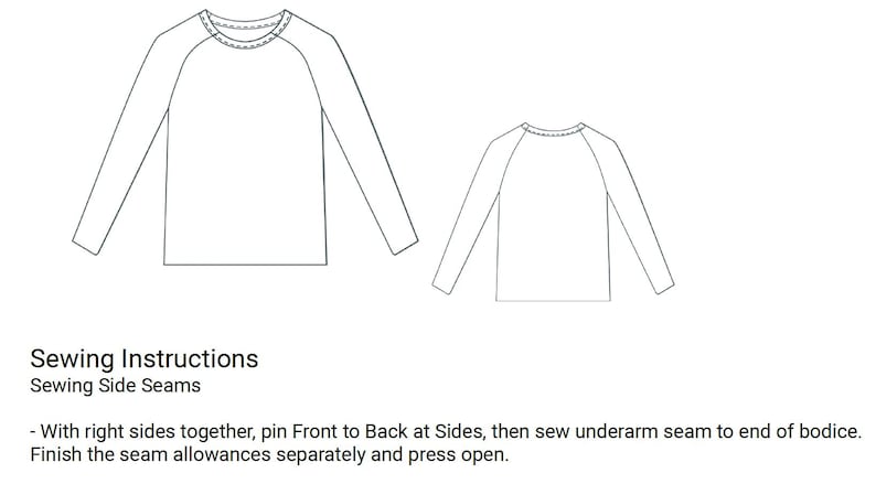 May include: A black and white line drawing of two long-sleeved shirts, one larger and one smaller, likely a sewing pattern. The text "Sewing Instructions" and "Sewing Side Seams" is below the drawings, along with sewing instructions.