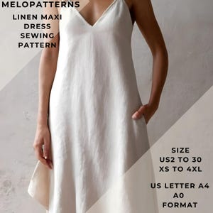 Puede incluir: Un patrón de costura para un vestido maxi de lino blanco. El patrón está disponible en las tallas españolas 34 a 52 y XS a 4XL. El patrón se imprime en papel de formato A4 o A0.