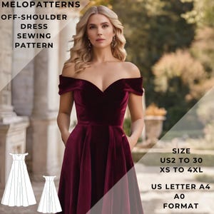 Patrón de costura para vestido con hombros descubiertos, vestido largo de graduación, vestido de cóctel, tallas 2 a 30 de EE. UU. y XS a 4XL, adecuado para papel de formato carta A0, A4 y EE. UU.