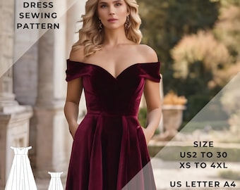 Off-Shoulder Dress, Graduation Maxi Dress Sewing Pattern,Cocktail Dress,US 2 to 30 and XS to 4XL,Suitable A0- A4-US Letter paper format