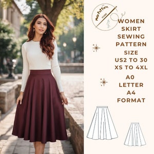 Midi Skirt Pattern, Skirt Sewing Pattern, Sewing Pattern PDF,US Sizes 2-30 and XS-4XL, Plus Size Pattern
