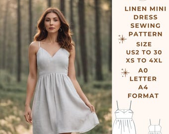 Linen Gatheder Mini Dress Pattern,Linen Dress Sewing Pattern,Range of size options US2/30 and XS/4XL,Suitable A0- A4-US Letter paper format