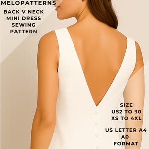 May include: A white mini dress sewing pattern with a deep V-back design. The image shows the back of the dress, with a row of buttons down the center. Text on the image reads "MELOPATTERNS", "BACK V NECK MINI DRESS SEWING PATTERN", and size information.