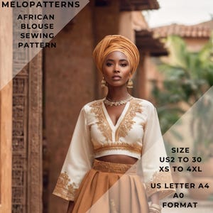 Patrón de costura de blusa africana, blusa africana, vestido africano, tallas disponibles: desde EE. UU. 2 hasta 30 y desde XS hasta 4XL. Formato de papel A0, A4 y carta.