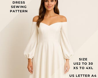 Off Shoulder Sweetheart Neck Dress Sewing Pattern,Anniversary Dress,Ball Gown,US 2 to 30 and XS to 4XL,Suitable A0-A4-US Letter paper format