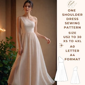 Mönster för enaxlad maxiklänning, maxiklänning, jubileumsklänning, US 2 till 30 och XS till 4XL, lämplig för A0-A4-US Letter-pappersformat