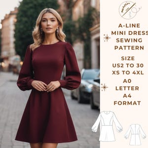 Patrón de mini vestido de línea A, patrón de costura de vestido de lino, rango de opciones de tamaño US2 a 30 y XS a 4XL, formato de papel de carta A0- A4-US adecuado