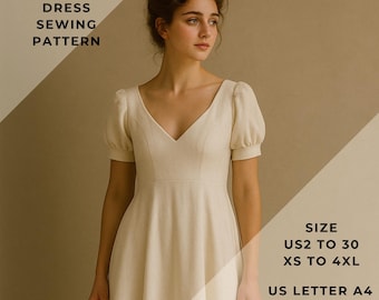 Regency Midi Dress Sewing Pattern,Bridgerton Ballgown range of size options US 2 to 30 and XS to 4XL,Suitable A0- A4-US Letter paper format