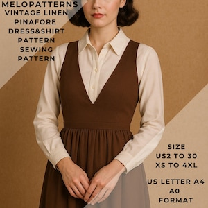 Puede incluir: Una mujer con un vestido pinafore marrón sobre una camisa crema con cuello. El vestido tiene un escote en V profundo y una falda fruncida. El texto en la imagen dice "MELOPATTERNS VINTAGE LINEN PINAFORE DRESS&SHIRT PATTERN SEWING PATTERN".