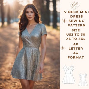 Puede incluir: Un patrón de costura para un vestido mini de cuello en V en tallas 34 a 48, XS a 4XL. El patrón está impreso en papel A0 tamaño carta en A4. El patrón incluye una vista frontal y posterior del vestido.