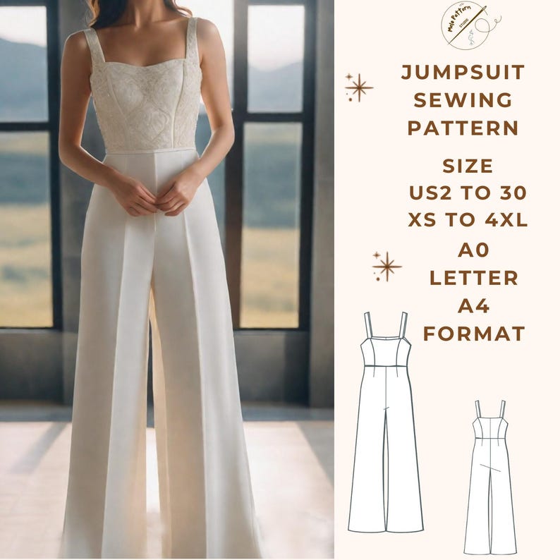 Palazzo Full Jumpsuit Sewing Pattern, PDF Sewing Pattern Instant Download, Easy Digital Pdf, US Sizes 2-30, Plus Size Pattern image 1